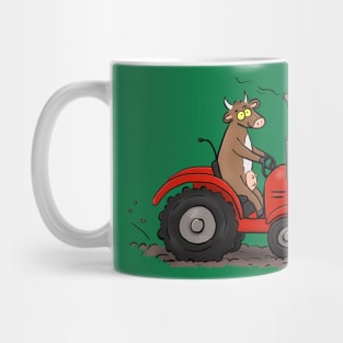 Funny cow driving a red tractor farming cartoon Mug